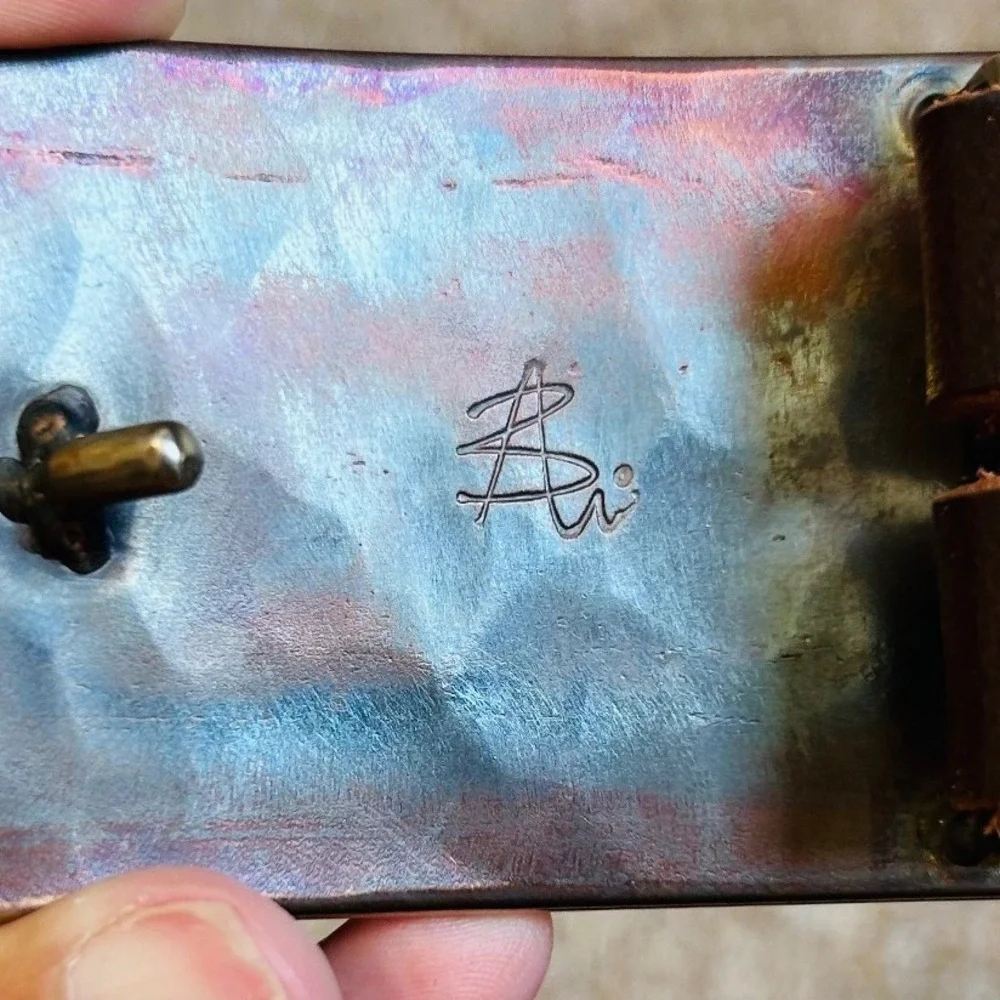 Artisan Hammered Metal Buckle Brown Leather Belt Iridescent Heat Treated Signed